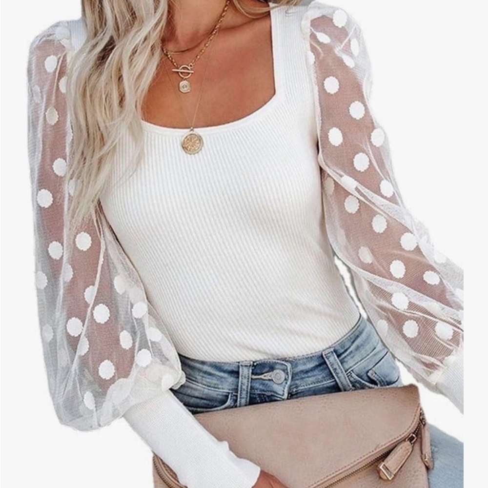 Elegant White Polka Dot Mesh Sleeve Top